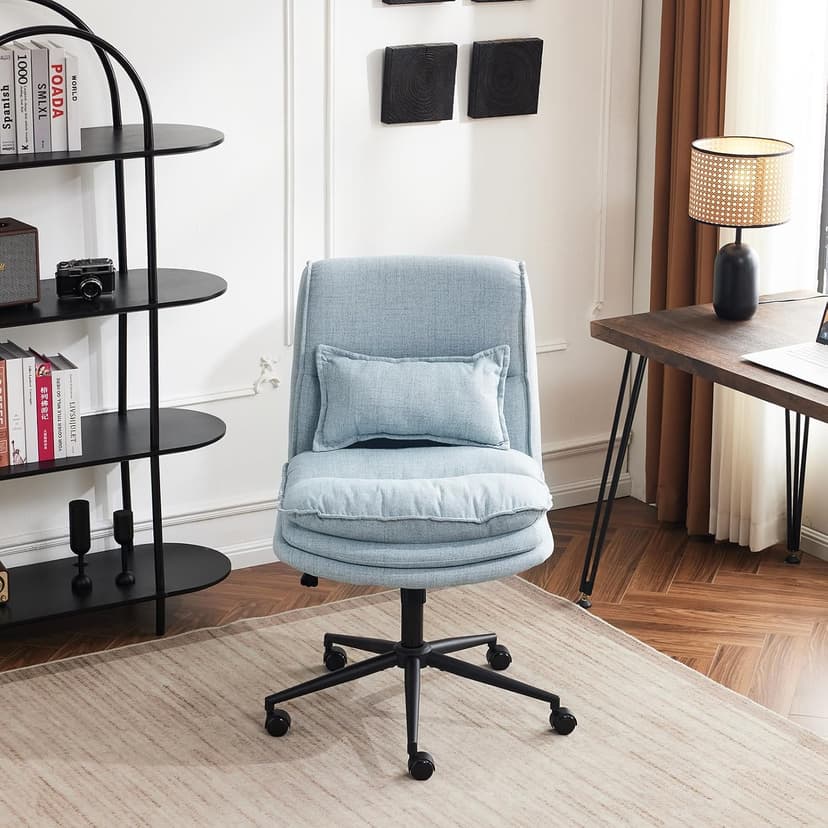 VINGLI Cloud Criss Cross Legged Chair,18" High Back Armless Home Office Desk Chair with Wheels,Wide Adjustable Comfy Padded Seat Task Computer Chair,Modern Swivel Makeup Vanity Chair,Fabric,Blue