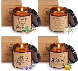 Amber Glass Jars with Lids, Appreciation Gifts for Employees Teachers, Natural Soy Wax Clean Burning, Motivational Gift Set Fumete 4 Pcs Thank You Soy Candles, Scented 3.5 Oz Gifts,Classic,Brown B0BK8ZH15Z