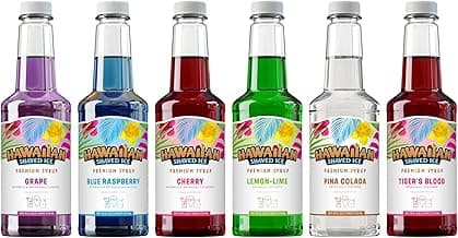 Hawaiian Shaved Ice Syrup Assortment, 6 Popular 16oz Flavors: Cherry, Grape, Blue Raspberry, Tiger's Blood, Lemon-Lime, Pina Colada