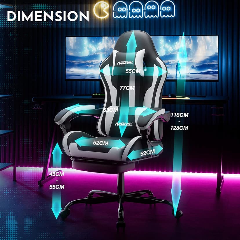 Gaming Chair, Ergonomic Computer Chair with Footrest and Lumbar Support, Height Adjustable Game Chair with 360°-Swivel Seat and Headrest and for Office or Gaming Blackwhite