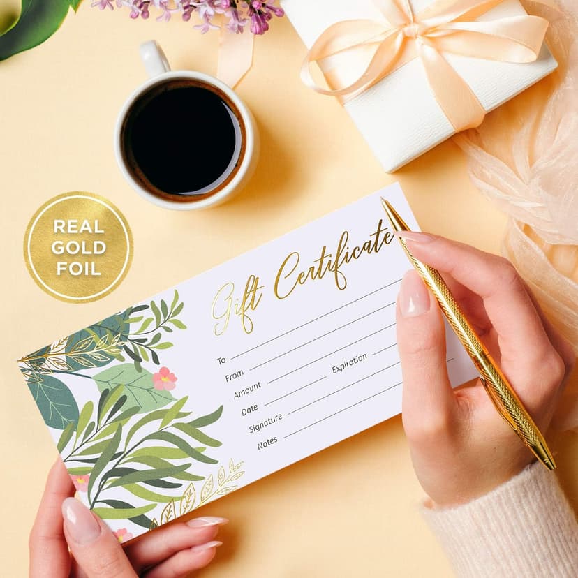 Sweetzer & Orange Blank Gift Certificates for Business with Gold Foil- 25 Gift Certificate Cards with Envelopes for Spa, Salon, Restaurants, Custom Client Vouchers for Birthday, Work Card – 3.75x7.5”