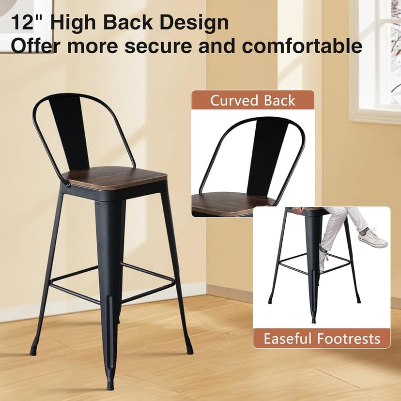 ALISH 26 Inch Industrial Bar Stools Set of 4, High Back Metal Barstools with Large Wood Seat, Counter Height Bar Chairs for Kitchen Island (26 Inch Set of 4, Black)