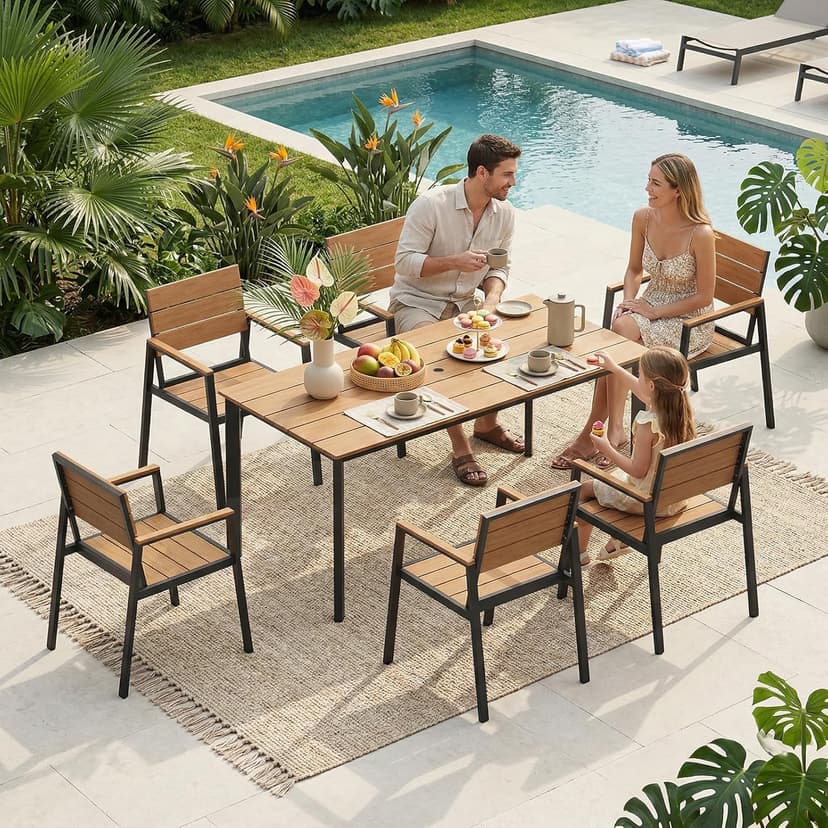 Outdoor Dining Set, Patio Table and Chairs Set with Umbrella Hole, 7 Pieces HDPS + Aluminum Patio Dining Furniture Set for Backyard, Garden (Gray & Teak)