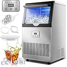 Amzgachfktch Commercial Ice Maker, 100lbs/24H Ice Maker Machine, Auto Self-Cleaning, LED Digital Display, Blue Light, Under Counter/Freestanding Ice Machine for Home/Office/Restaurant/Bar