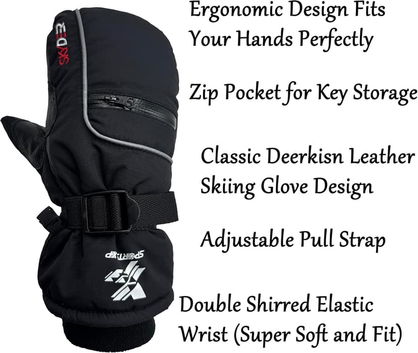 SKYDEER Waterproof Premium Deerskin Leather Ski Mittens with 150G 3M Thinsulate, Ultra Soft & Durable & Warm (SD8650M)
