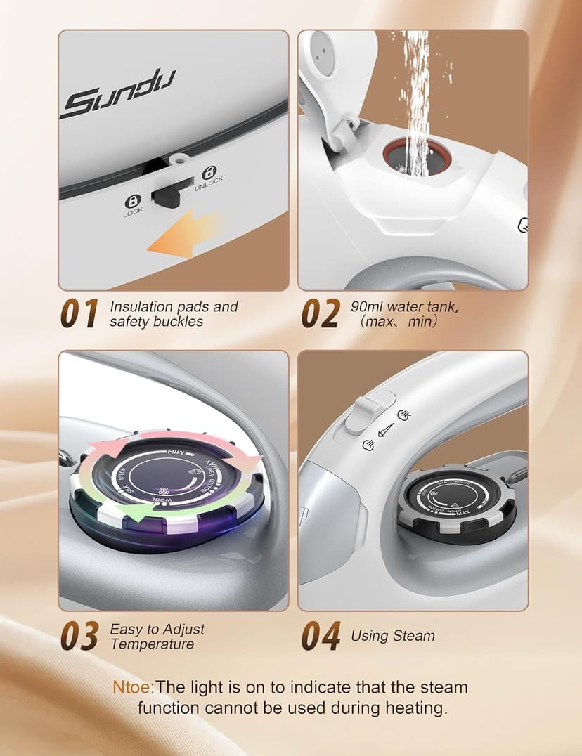Sundu Mini Travel Iron with Steam,1000W Portable Non-Stick Soleplate Steam Samll Iron for Quilting & Sewing,300 Microsteam Holes,90ml water tank,lockable safety base,Digital Temperature Control-Silver