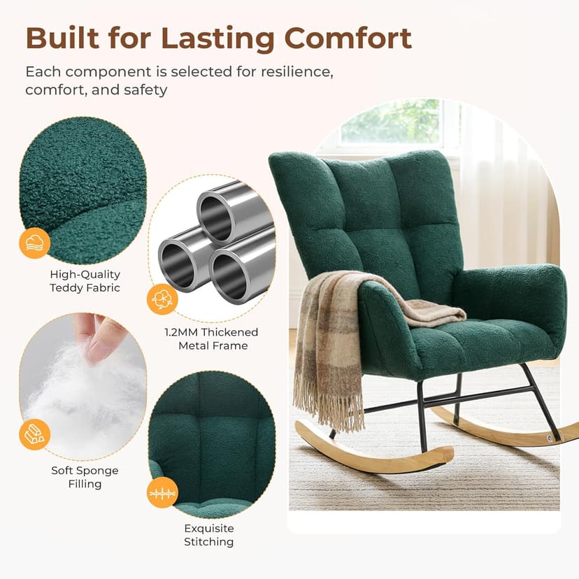 DUMOS Nursery Rocking Chair Teddy Upholstered, Comfy Glider Rocker with High Backrest Armchair Padded Seat, Accent Side Chair for Living Room Bedroom Offices Small Spaces Indoor, Green