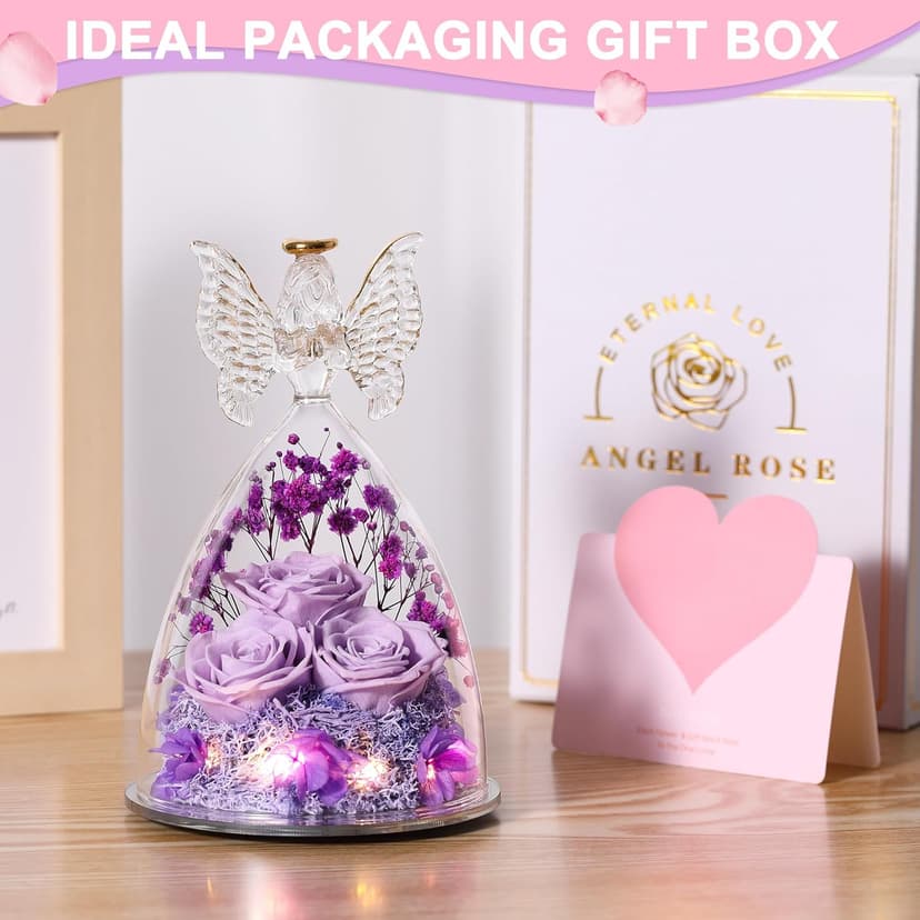 Mothers Day Mom Gifts for Women Preserved Flowers in Glass Angel Forever Flowers Gifts Eternal Roses Gifts for Grandma, Light Purple