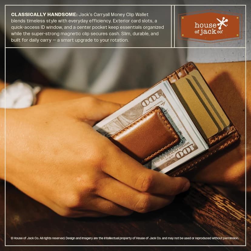 House of Jack Co. Carryall Slim Money Clip Wallet for Men, Strong Magnetic Clip, Front Pocket Wallet Card Holder With Gift Box, Full Grain Cowhide Leather,Tan
