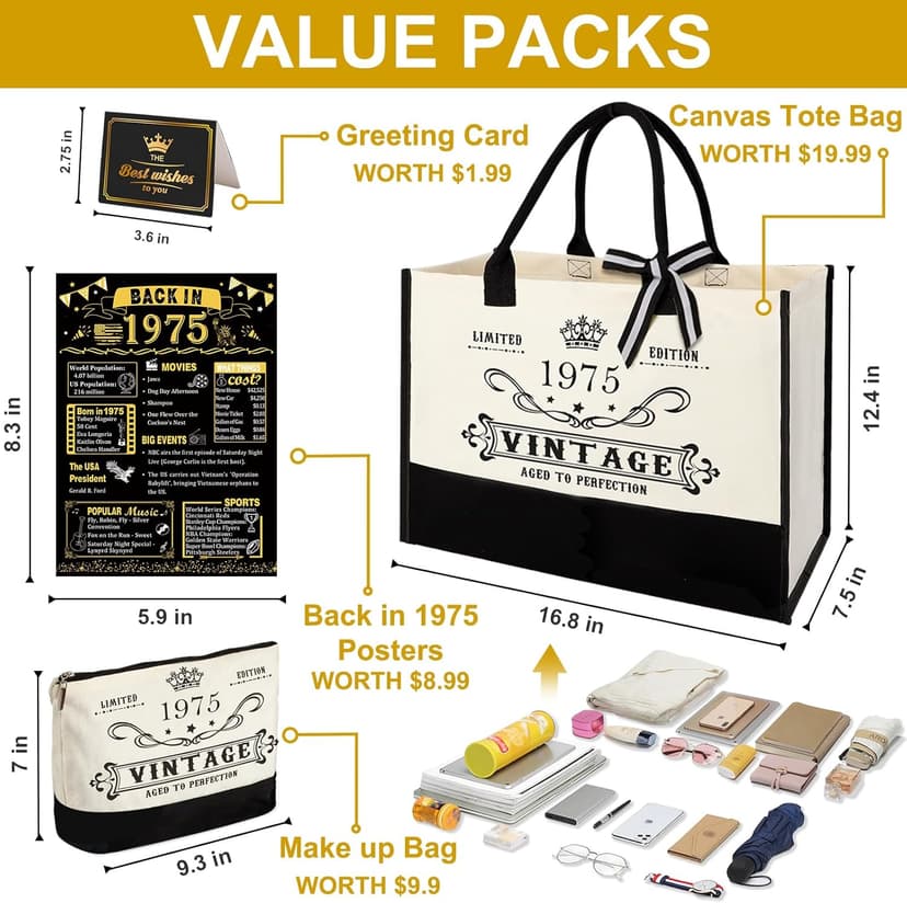 50th Birthday Gifts for Women Canvas Tote Bag Travel Gear, Unique 50 Years Old Gifts for Wife Sister Mom Aunt Friends Her, Vintage 1975 Handbag & Cosmetic Bag & Back in 1975 Poster