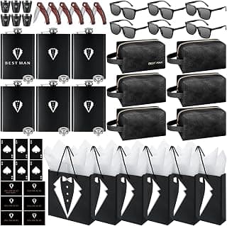 Complete Gift Set for Wedding with Flasks Shot Glasses Funnels Toiletry Bags Sunglasses Bottle Openers Gift Bags and Cards Rigibright 60 Pcs Groomsmen Gifts Set of 6 for Wedding Best Man Gift B0F6N4938G