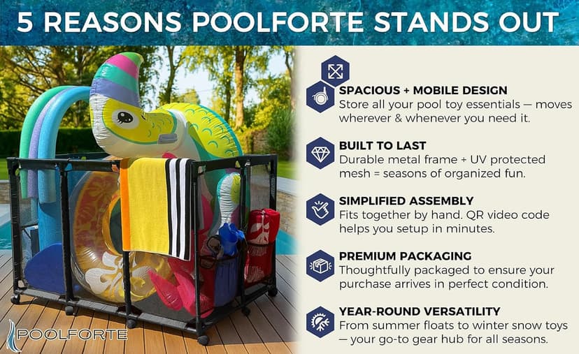 Pool Float Storage Organizer for Pool Noodles Floats Inflatables Towels - Ultimate Outdoor Pool Toy Storage Bin - XXL Black HDuty Metal - Pool Float Holder - Pool Storage Bin For Easy Poolside Cleanup