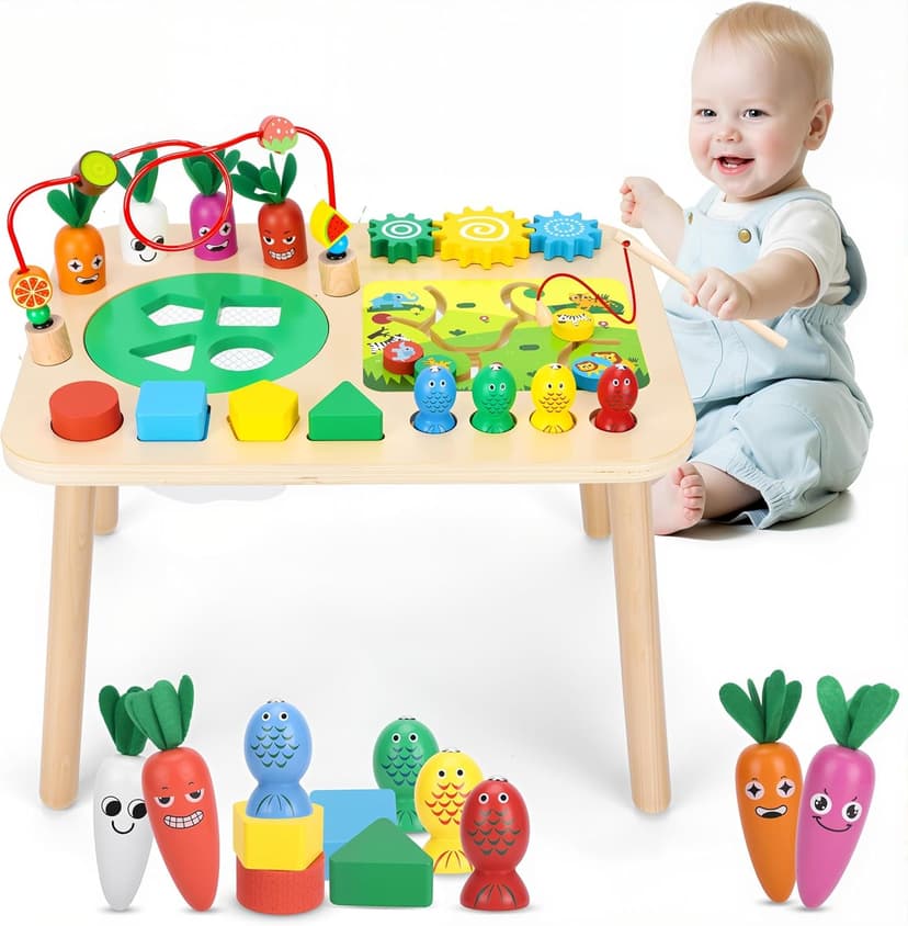 HEYLANDU Activity Table, Montessori Toys for 1 2 Year Old Girls Boy Gifts, 7 in 1 Wooden Sensory Play Table for Toddler 1 2 3, Learning Toys for Baby 12-18 Months 1st Christmas Birthday Gifts