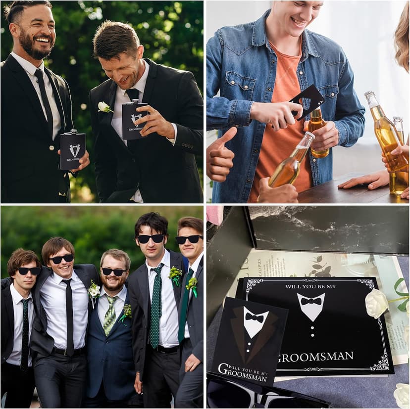 6 Pieces Groomsmen Gifts Set : 1 Pcs 8oz Stainless Steel Tuxedo Flask 1 Pcs Poker Bottle Cap Opener 1 Pcs Groomsmen Gauge Glasses 1 Pcs Sunglasses 1 Pcs Card 1 Pcs Groomsmen Gift Bags for Wedding B0C2Y9C42C