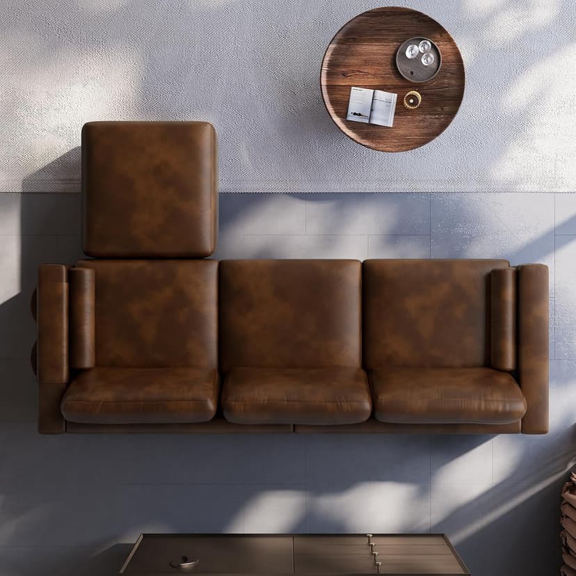 Vesgantti 100" PU Faux Leather Sofa with Movable Ottoman, 3 Seater L Shaped Leather Sectional Couch with Side Pocket, Comfy Mid Century Modern Modular Couch for Living Room, Apartment, Cocoa