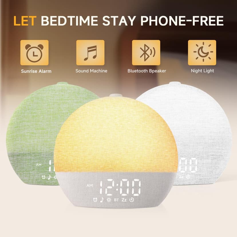 Geuuap Sunrise Alarm Clock White Noise Sound Machine for Bedroom | Natural Wake-Up Light with 30 Soothing Sleep Aids, Bluetooth Speaker, Dimmable Clock, Screen-Free Design for Baby Adults Kids-Khaki