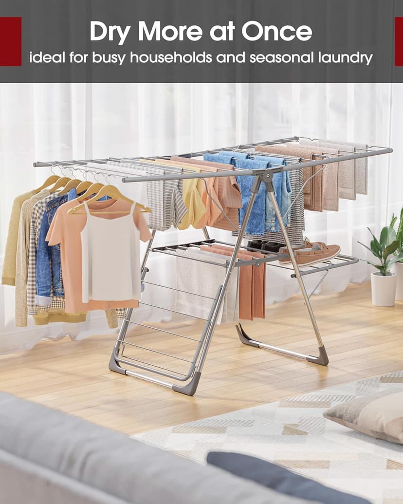 Sakugi Clothes Drying Rack, Foldable 2-Level Laundry Drying Rack with Height-Adjustable Wings, for Clothing & Bedding, Free-Standing Space-Saving Rack, Indoor & Outdoor, 55.5" L × 22.8" W, Gray