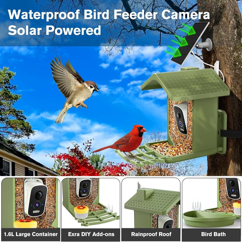Smart Bird Feeder with Camera Solar Powered, AI Birds Species Identification, 2.5K HD Video Bird House with Camera for Outside, Weatherproof Design Ideal Gifts for Christmas, Bird Lovers, Green