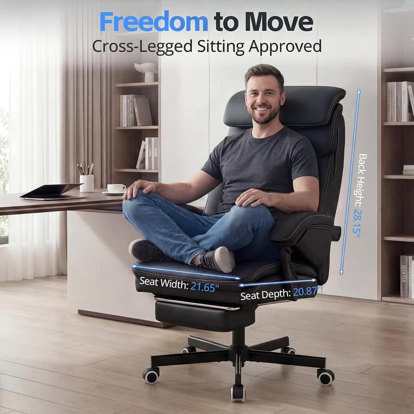 Ergonomic Executive Office Chair - Big and Tall Home Comfy Desk Gaming Chair for Adults, Heavy Duty Leather Reclining Wide Computer Chair with Foot Rest and Back Support (Black)