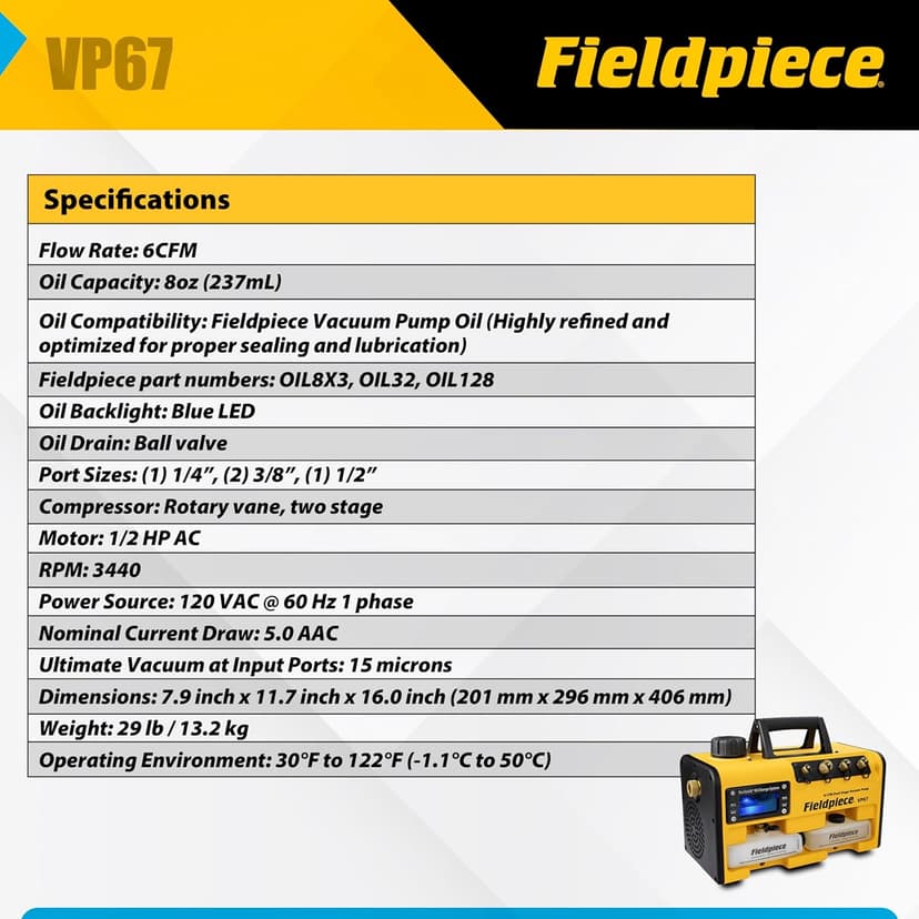 Fieldpiece VP67 Vacuum Pump – 6 CFM, 1/2 HP DC Motor, RunQuick Oil Change System – Portable - Professional HVAC Tool - A2L Compatible