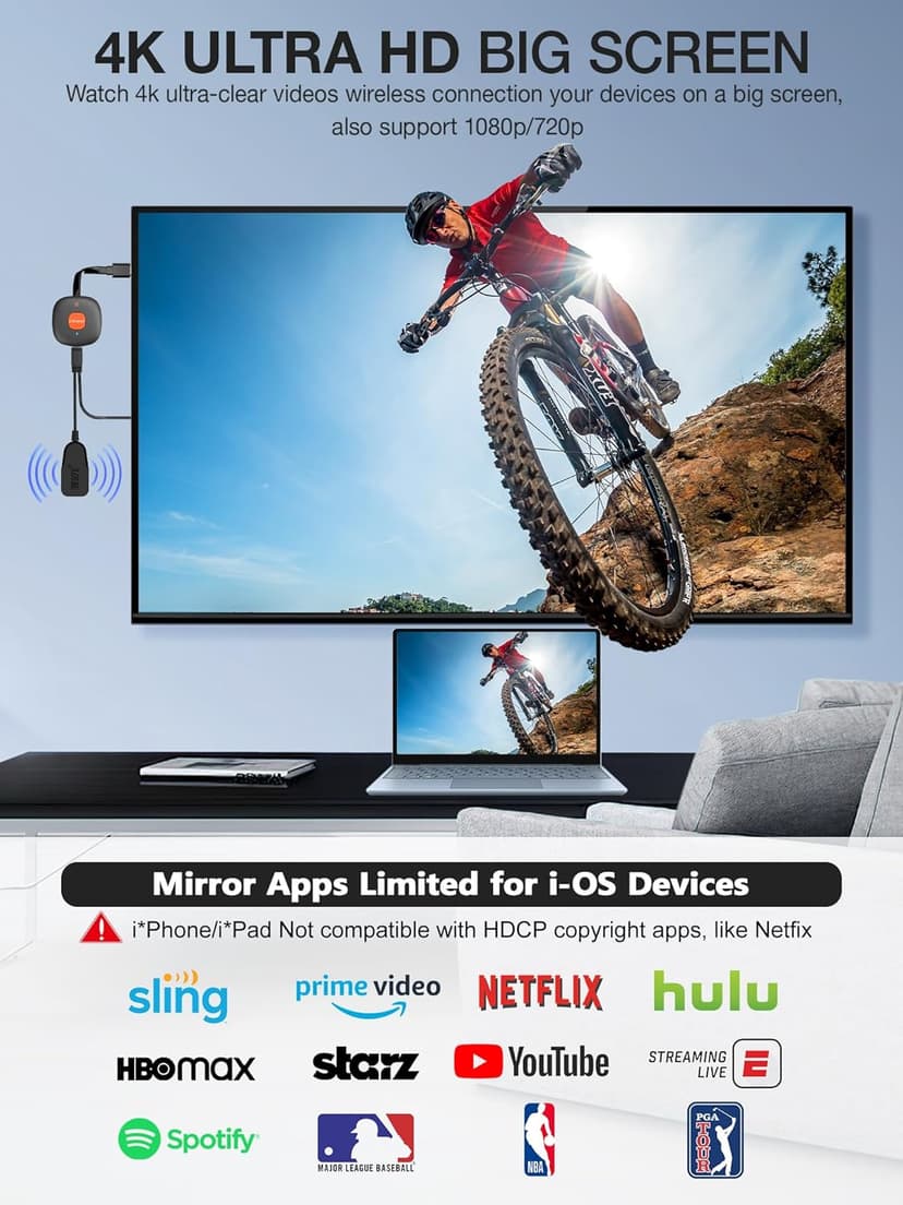 Wireless HDMI Display Dongle Adapter 4K, TIMBOOTECH WiFi HDMI Dongle Adapter Casting Video Receiver for Phone/Pad/OS/Android/PC/MacOS to TV/Projector/Monitor, Support Miracast, DLNA, Airplay