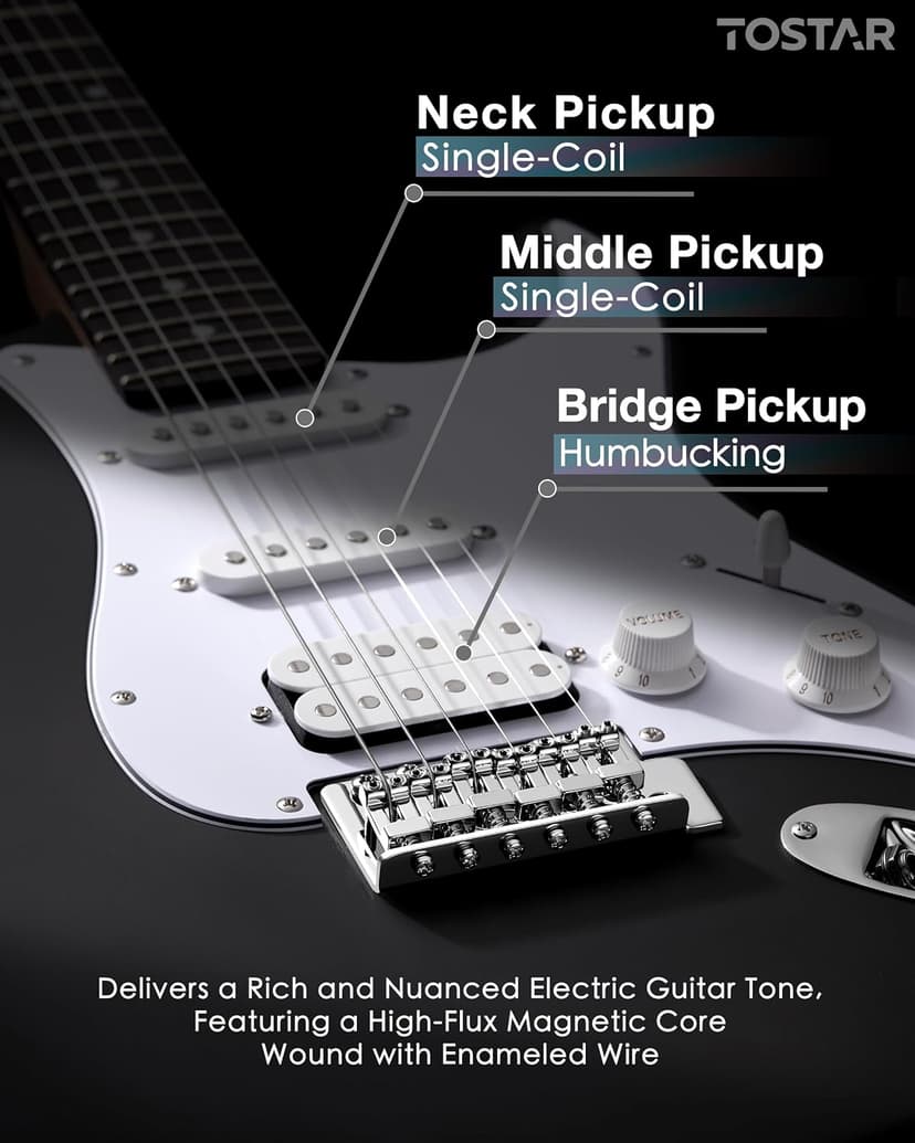 Tostar Beginner Electric Guitar, Solid Body, 39" Full Size Strat Style with HSS Pickups, 5-Way Switch, Tremolo Bridge, Maple Neck & Tectona Fretboard, Ideal for Beginners and Gifting, Black