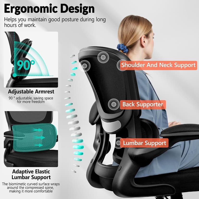 BESTFAIR Office Chair Ergonomic Desk Chair, Breathable Mesh Comfy Chair with Lumbar Support, Computer Chair, Home Desk Chair with Flip-up Armrests, Gaming Chair for Adults Home Office (Black)