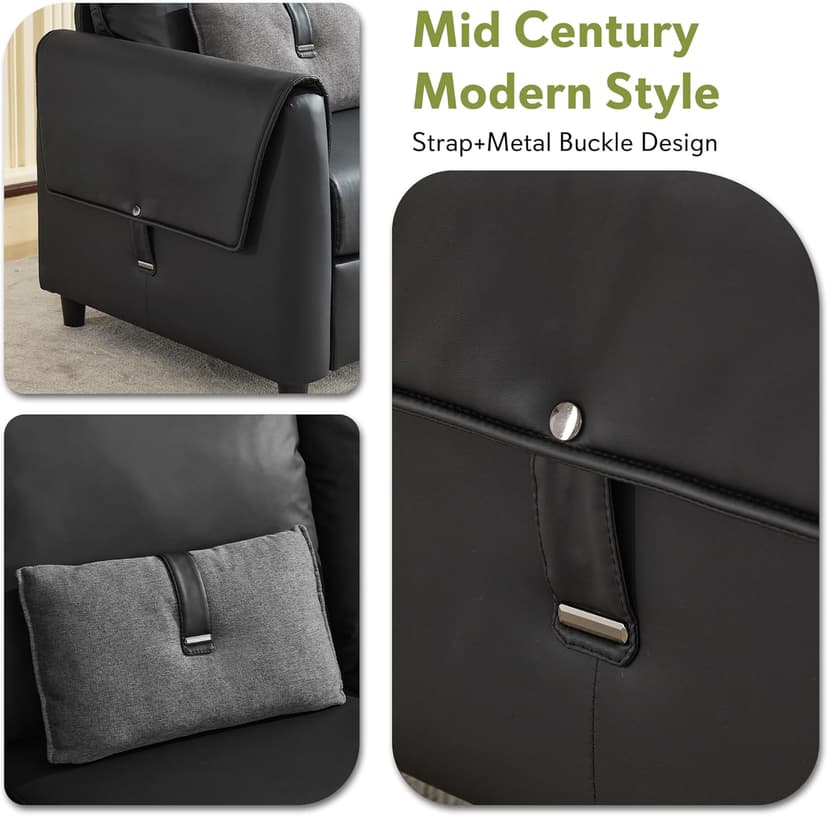 STHOUYN 88” Faux Leather Couch for Living Room, Black Office Couch Small Space, Comfy 3 Seater Couches Leather Sofa with High Backrest (Black)