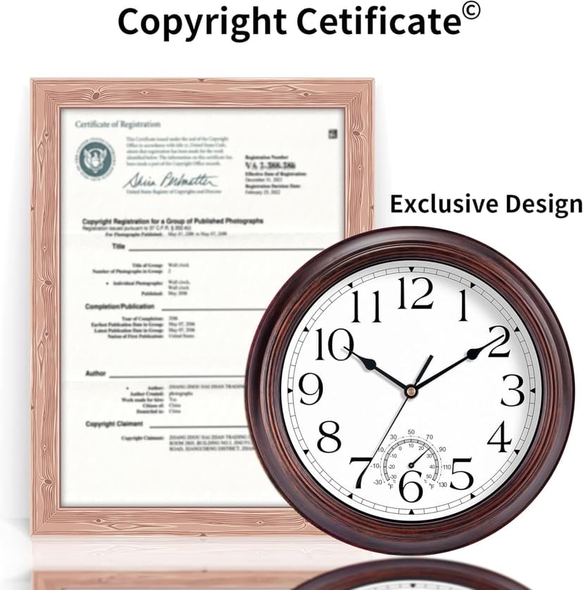 KECYET 8.5 Inch Outdoor Wall Clock with Thermometers, Vintage Silent Wall Clocks Battery Operated, Retro Non-Ticking Clock Decorative for Living Room, Patio, Kitchen, Office, Bathroom, Bedroom(Bronze)