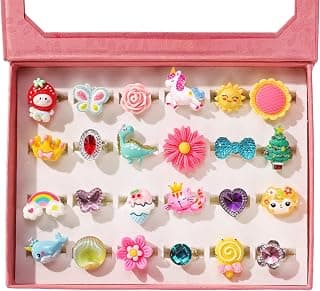 PinkSheep Little Girl Jewel Rings in Box, Adjustable, No Duplication, Girl Pretend Play and Dress Up Rings (24 Lovely Ring)