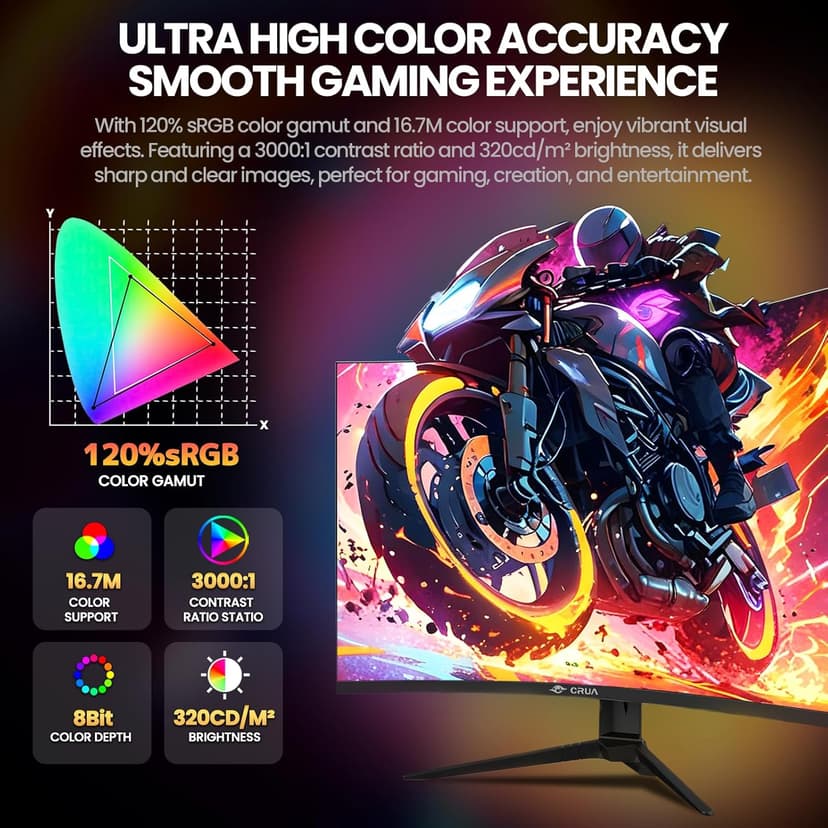 CRUA 27'' Curved Gaming Monitor 260Hz/240Hz, QHD 1440P 1800R VA Panel Computer Monitor with Built-in Speakers, Support AMD FreeSync, 120% sRGB, Blue Light Filter, HDMI2.0 & DP1.4, Wall Mountable-Black