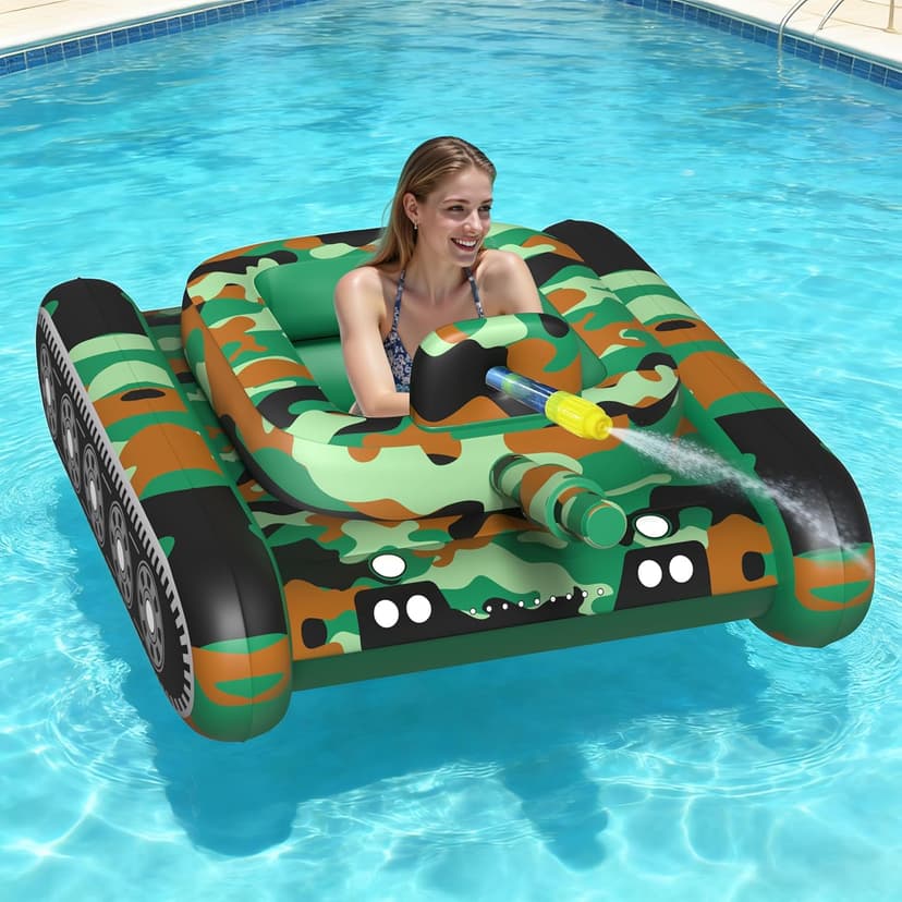 JOSEN Inflatable Tank Pool Float, Swimming Pool Floaties Tank with Water Cannon Gun, Swim Raft Water Battle Fun for Lake, Pool Party, Beach & Backyard for Adults-Green