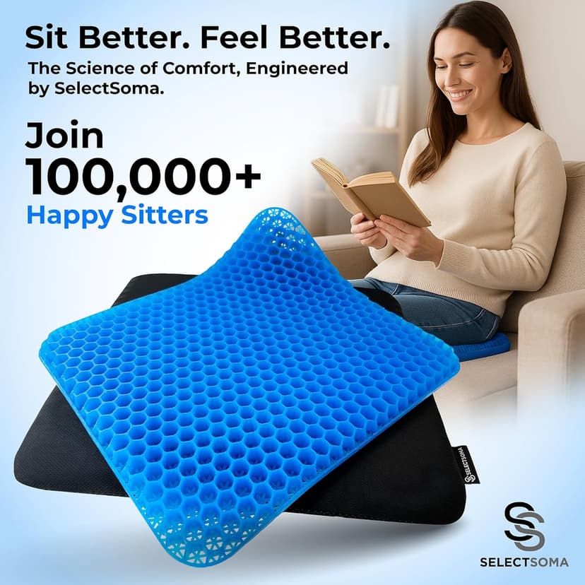 SelectSoma Double-Thick Gel Seat Cushion for Long Sitting Pressure Relief for Back, Sciatica, Coccyx, Tailbone Pain - Cushion for Office Chair, Wheelchair, Car & Truck, Patio Chairs - Egg Seat Pad
