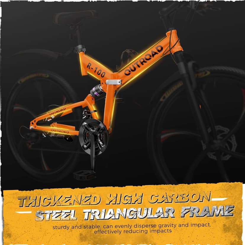 Outroad 26 Inch Folding Mountain Bike, 21 Speed Full Suspension High-Carbon Steel MTB Foldable Bicycle, Dual Disc Brake Non-Slip Folding Bikes for Adults/Men/Women, Black, Orange and Green