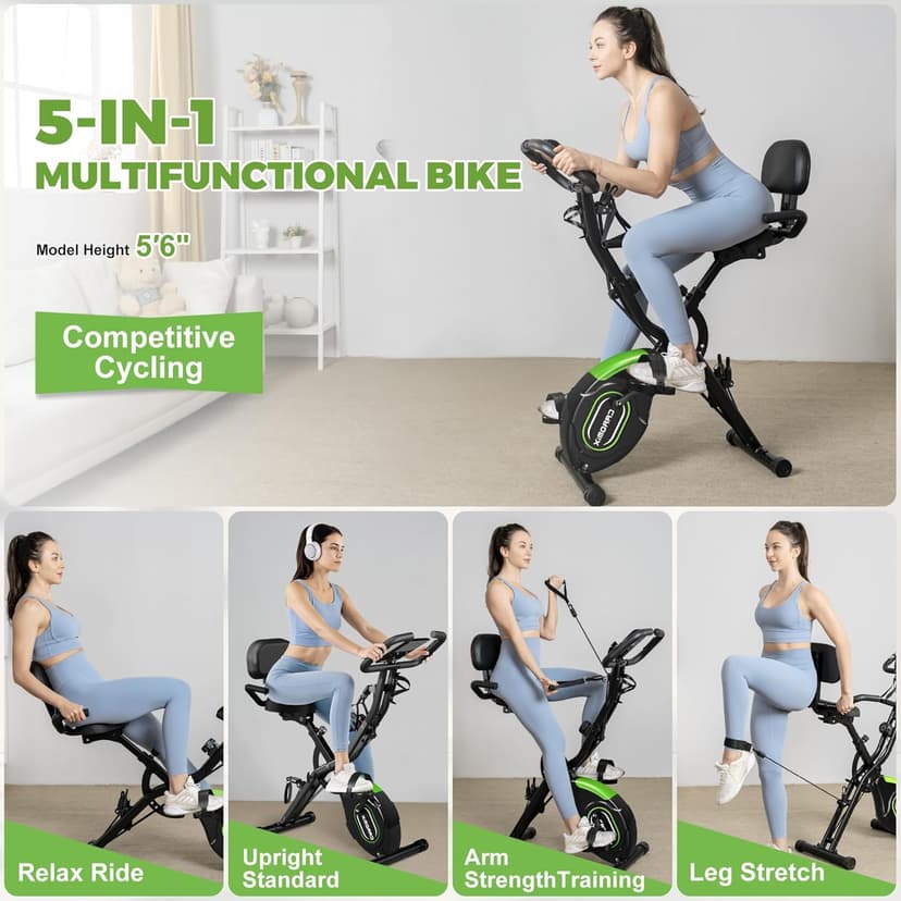 Caromix Folding Exercise Bike, 5 in 1 Stationary Bike with 16-Level Adjustable Magnetic Resistance, 330LB Capacity Indoor Workout Bike, Foldable Exercise Bike for Seniors and Adult