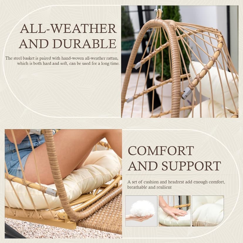 Yechen Hanging Egg Chair with Stand and Footrest for Indoor Outdoor, Foldable Wicker Rattan Patio Egg Swing Chairs Hammock Egg Chair with UV Resistant Cushion for Bedroom Porch, 350 Lbs Capacity