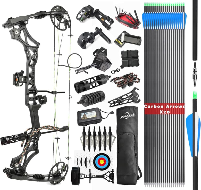 Compound Bow Kit, Hunting and Target, Limb Made in USA,Draw Weight 30-70 lbs Adjustable, Draw Length 19-30.5",up to IBO 320FPS Speed, Package with Archery Hunting Accessories