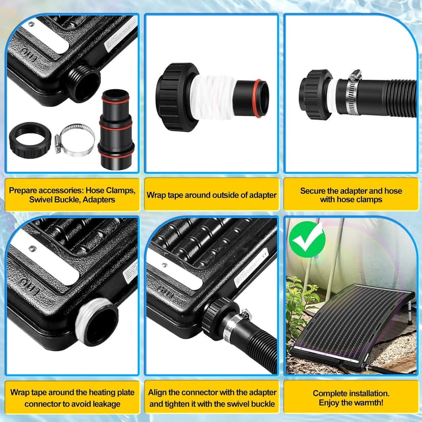 2PCS 2026 Upgraded Solar Pool Heater, with Height-Adjustable Support Feet, Four-Level Adjustment for Above-Ground and Inground Pools, Includes 4 Adapters, 4 Hoses & Clamps, 4 Plumber's Tapes