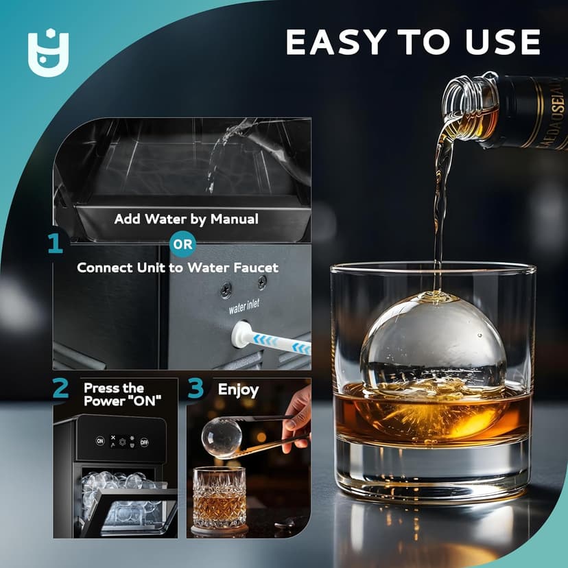 EUHOMY Ice Ball Maker Countertop, 144Pcs/day, 4Pcs Ready in 40Mins, Self-Cleaning, Sphere Ice Maker Machine with Crystal Clear Ice for Whiskey/Brandy/Rum