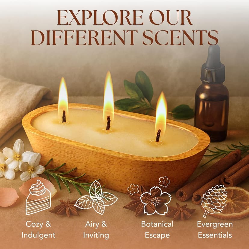 Dough Bowl Candle Co. Christmas Tree Soy Candle - 6 Wick Rustic Farmhouse Decor Odor Eliminator in Ornamental Wooden Bowls, 32 Ounce All-Natural Gifts for Women and Men, Wooden Decor Dough Bowls