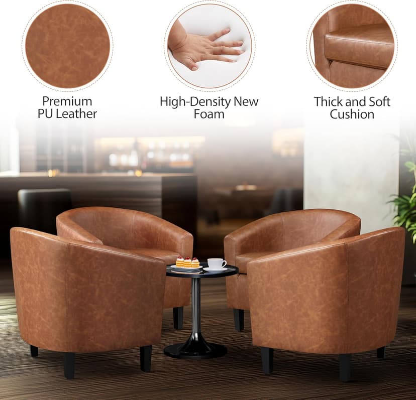 Yaheetech Brown Accent Chairs Set of 2, Faux Leather Barrel Chairs, Comfy Modern Leather Club Armchairs with Soft Seat for Living Room Bedroom Reading Waiting Room