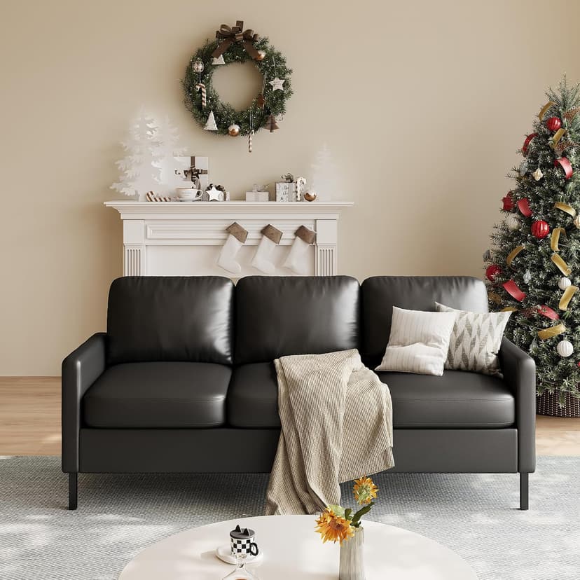 STHOUYN 72" W Faux Leather Black Sofa 3 Seat Couch, Modern Comfy Couch with 2 USB, Small Couches for Living Room Apartment Bedroom Small Spaces, Office(Black (Sofa))