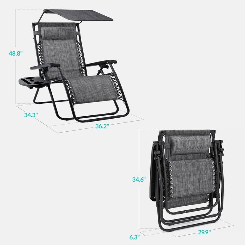 Best Choice Products 30” Wide Folding Zero Gravity Outdoor Recliner Patio Lounge Chair w/Adjustable Canopy Shade, Headrest, Side Accessory Tray - Gray
