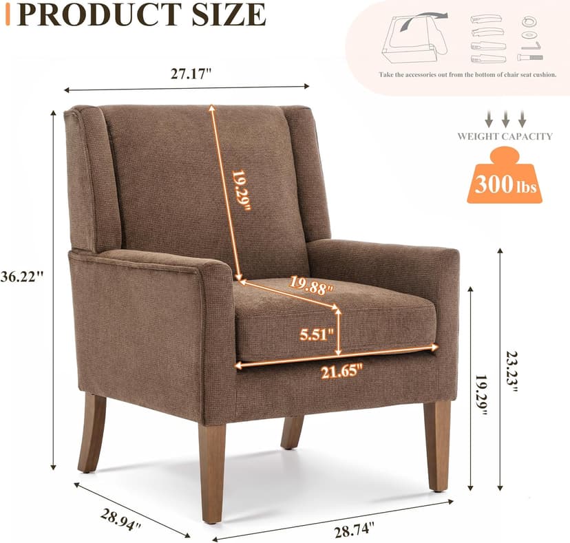 Living Room Chair, Wingback Mid-Century Accent Chair – Comfy Single Sofa with Solid Wood Legs & Velvet-Like Fabric, Oversized Armchair for Living Room/Bedroom/Reading Nook&Lounge