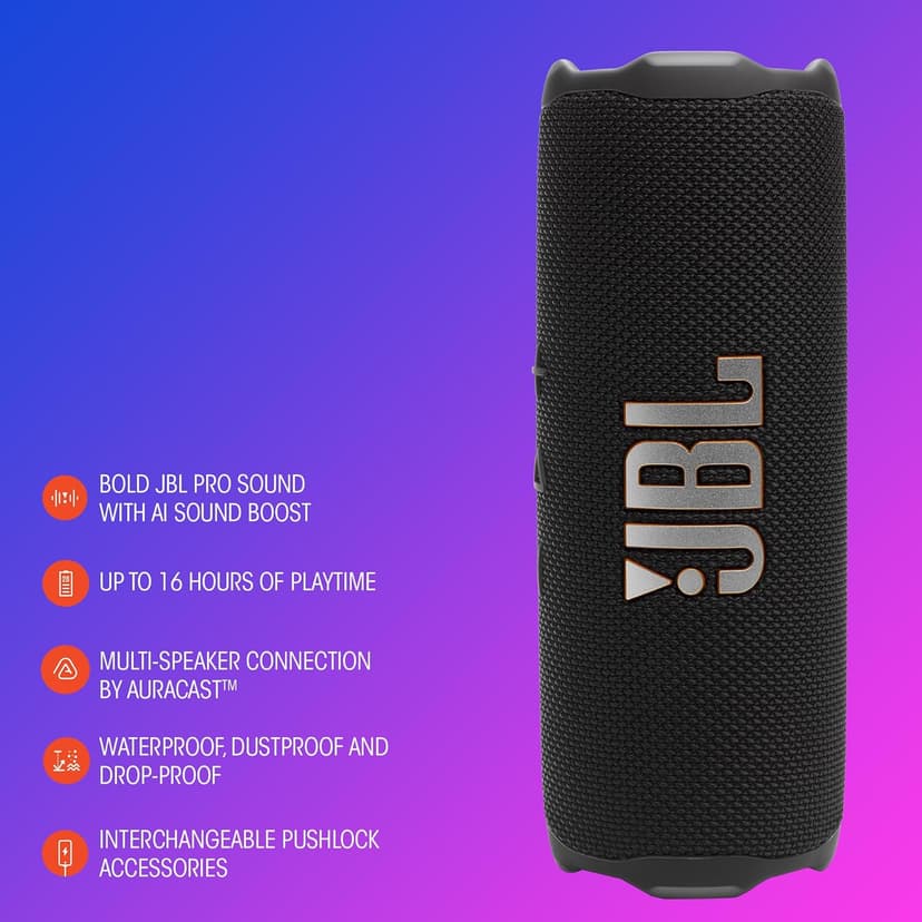 JBL Flip 7 - Portable Waterproof and Drop-Proof Speaker, Bold JBL Pro Sound with AI Sound Boost, 16Hrs of Playtime, and PushLock System with Interchangeable Accessories (Teal)