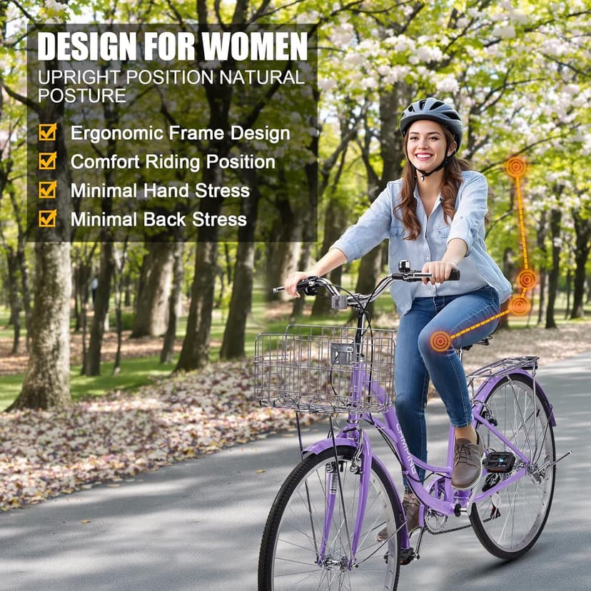 26" Cruiser Bike Commuter Bike 7 Speed Women's Bicycle Beach Cruiser with Ergonomic Upright Design, Adjustable Saddle, Dual Fenders & V Brake and High Carbon Steel Frame