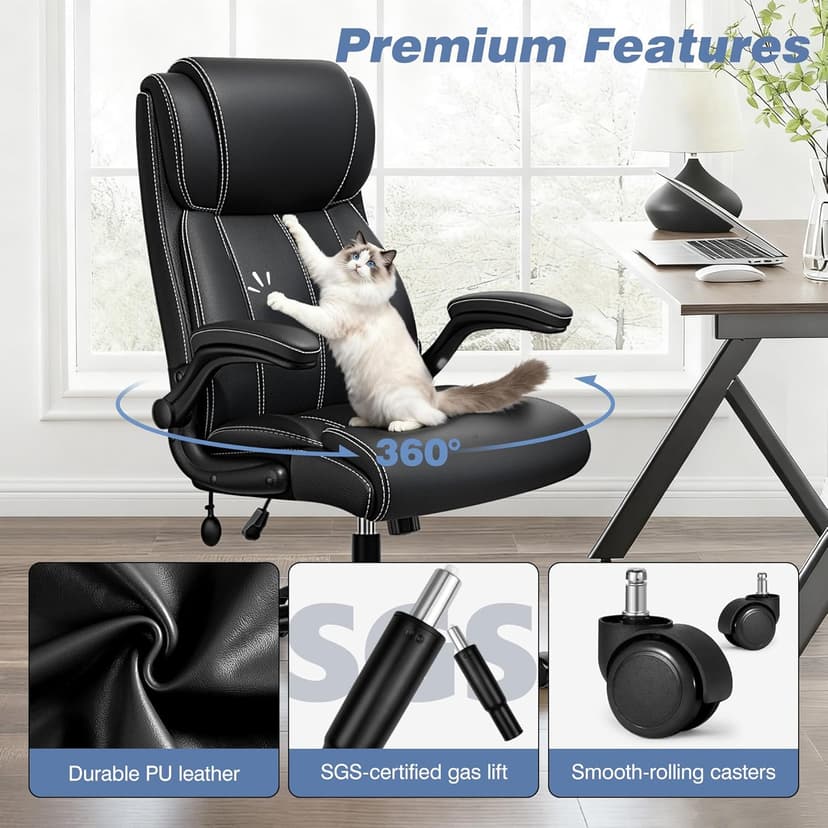 BESTFAIR Ergonomic Office Chair - Desk Computer Chair, Leather High Back Executive Chairs with Adjustable Lumbar Support & Flip Up Arms, Rocking, Black