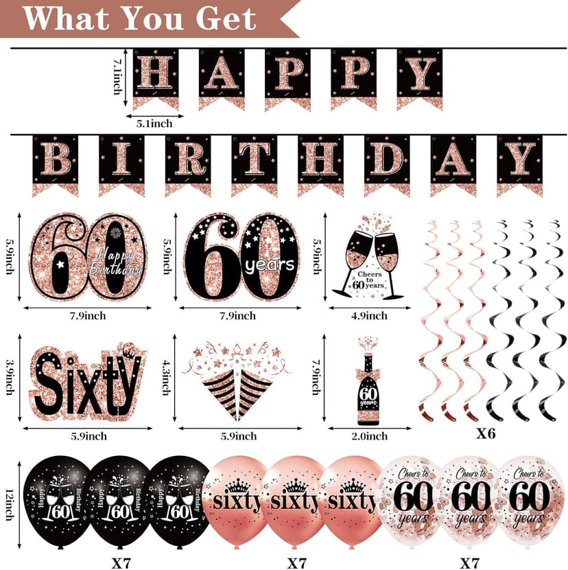 60th Birthday Decorations for Women, 33pcs Black Rose Gold Happy 60th Birthday Banner Crown and Sash Balloons Backdrop Hanging Swirls Paper Fans, 60 Years Old Party Supplies Kit