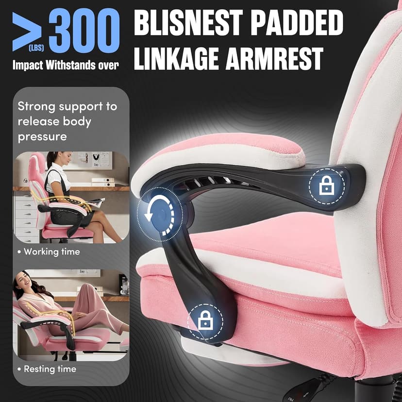 Massage Office Chair with Foot Rest,6-Point Vibration & Heat Executive Office Chairs,Ergonomic Computer Chair for Heavy People,Big and Tall Fabric Office Chair,Recliner with Padded Armrest,Pinkwhite