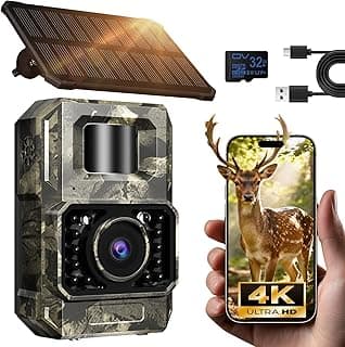 MAXDONE Solar WiFi Trail Camera Bluetooth Game Camera, 4K 64MP Wildlife Cameras 2000mAh Built-in Battery Rechargeable Power Hunting Cameras with Night Vision Trail Cam Bluetooth Wi-Fi Deer Cams